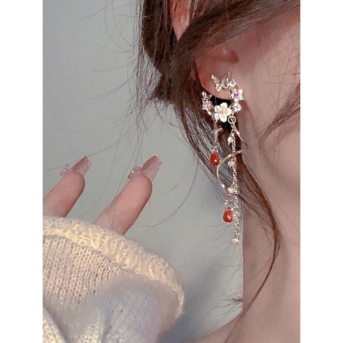 Butterfly Flower Drop Earrings Asymmetrical Gold Chain